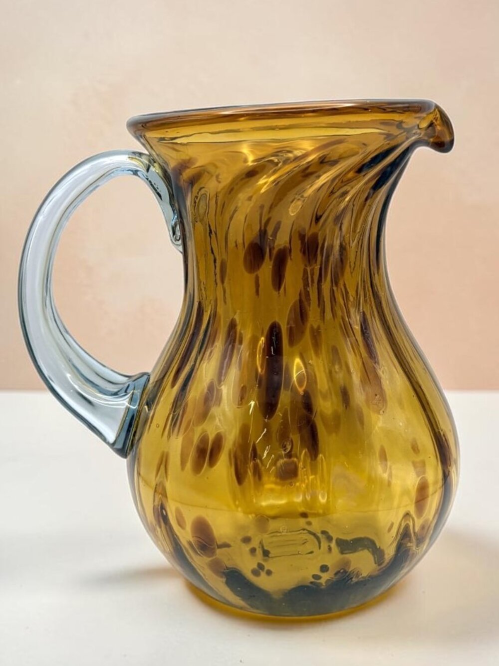 Vintage Hand Blown Amber Coin Spot Art Glass Pitcher Clear Handle MCM 9.25"